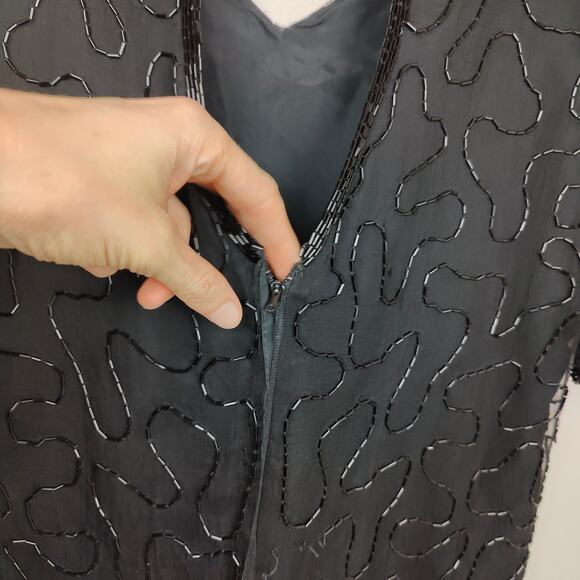 Vintage JMC Beaded Silk Dress Womens Medium Black Gold‎ Floral Embellished Shift - Picture 5 of 7